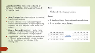 Substitution(Most frequent) and zero or
constant imputation or imputation based
on logical rules
 Most Frequent is another statistical strategy to
impute missing values.
 It works with categorical features (strings or
numerical representations) by replacing missing
data with the most frequent values within each
column.
 Zero or Constant imputation — as the name
suggests — it replaces the missing values with
either zero or any constant value you specify
 Suppose in a DF we are having DOB and age as
a 2 feature and age or DOB is missing so based
on the condition we can calculate fill the
missing data.
 