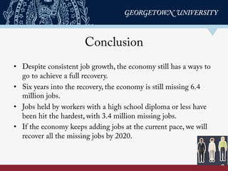 Conclusion
•  Despite consistent job growth, the economy still has a long
way to go to achieve a full recovery.
•  Six yea...