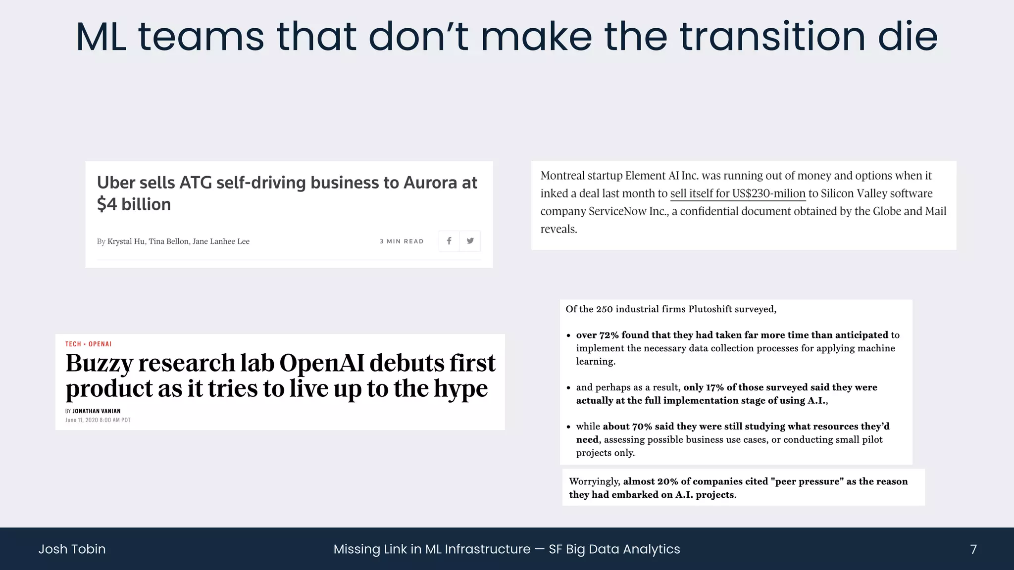 Missing Link in ML Infrastructure — SF Big Data Analytics
Josh Tobin
ML teams that don’t make the transition die
7
 