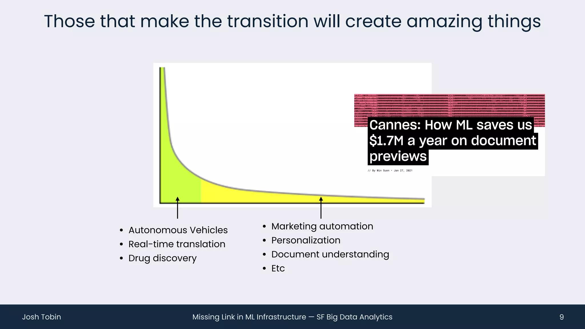 Missing Link in ML Infrastructure — SF Big Data Analytics
Josh Tobin
Those that make the transition will create amazing things
9
• Autonomous Vehicles
• Real-time translation
• Drug discovery
• Marketing automation
• Personalization
• Document understanding
• Etc
 