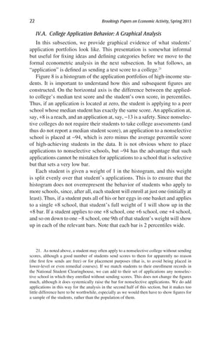 22	 Brookings Papers on Economic Activity, Spring 2013
IV.A.  College Application Behavior: A Graphical Analysis
In this subsection, we provide graphical evidence of what students’
application portfolios look like. This presentation is somewhat informal
but useful for fixing ideas and defining categories before we move to the
formal econometric analysis in the next subsection. In what follows, an
“application” is defined as sending a test score to a college.21
Figure 8 is a histogram of the application portfolios of high-income stu-
dents. It is important to understand how this and subsequent figures are
constructed. On the horizontal axis is the difference between the applied-
to college’s median test score and the student’s own score, in percentiles.
Thus, if an application is located at zero, the student is applying to a peer
school whose median student has exactly the same score. An application at,
say, +8 is a reach, and an application at, say, -13 is a safety. Since nonselec-
tive colleges do not require their students to take college assessments (and
thus do not report a median student score), an application to a nonselective
school is placed at -94, which is zero minus the average percentile score
of high-achieving students in the data. It is not obvious where to place
applications to nonselective schools, but -94 has the advantage that such
applications cannot be mistaken for applications to a school that is selective
but that sets a very low bar.
Each student is given a weight of 1 in the histogram, and this weight
is split evenly over that student’s applications. This is to ensure that the
histogram does not overrepresent the behavior of students who apply to
more schools, since, after all, each student will enroll at just one (initially at
least). Thus, if a student puts all of his or her eggs in one basket and applies
to a single +8 school, that student’s full weight of 1 will show up in the
+8 bar. If a student applies to one +8 school, one +6 school, one +4 school,
and so on down to one -8 school, one 9th of that student’s weight will show
up in each of the relevant bars. Note that each bar is 2 percentiles wide.
21.  As noted above, a student may often apply to a nonselective college without sending
scores, although a good number of students send scores to them for apparently no reason
(the first few sends are free) or for placement purposes (that is, to avoid being placed in
lower-level or even remedial courses). If we match students to their enrollment records in
the National Student Clearinghouse, we can add to their set of applications any nonselec-
tive school in which they enrolled without sending scores. This does not change the figures
much, although it does systemically raise the bar for nonselective applications. We do add
applications in this way for the analysis in the second half of this section, but it makes too
little difference here to be worthwhile, especially as we would then have to show figures for
a sample of the students, rather than the population of them.
 