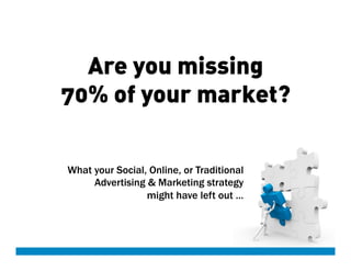 Are you missing
70% of your market?
What your Social, Online, or Traditional
Advertising & Marketing strategy
might have left out …
 
