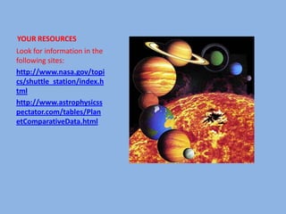 Studyitsmaincharacteristics, featuresforhumanlife, climate, resources and everydetailthat can show thathumanscouldlivethere.