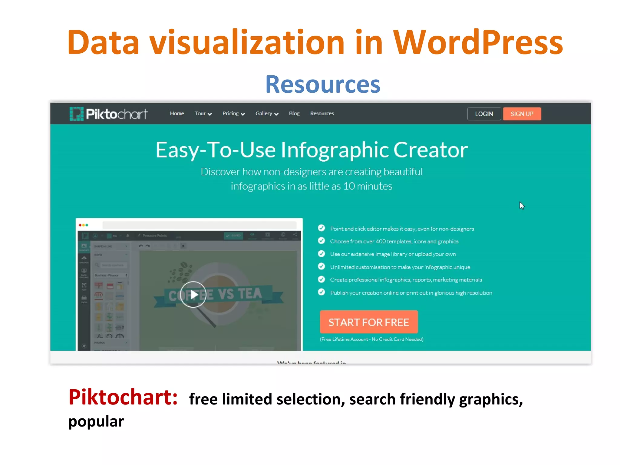 Data visualization in WordPress
Resources
Piktochart: free limited selection, search friendly graphics,
popular
 