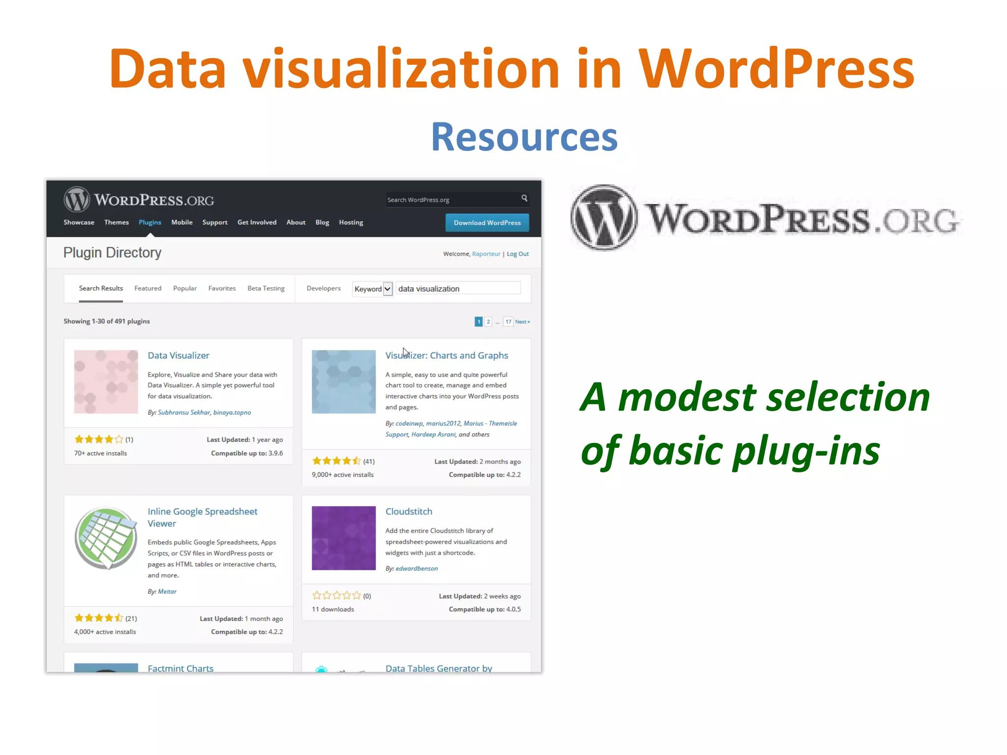 Data visualization in WordPress
Resources
A modest selection
of basic plug-ins
 