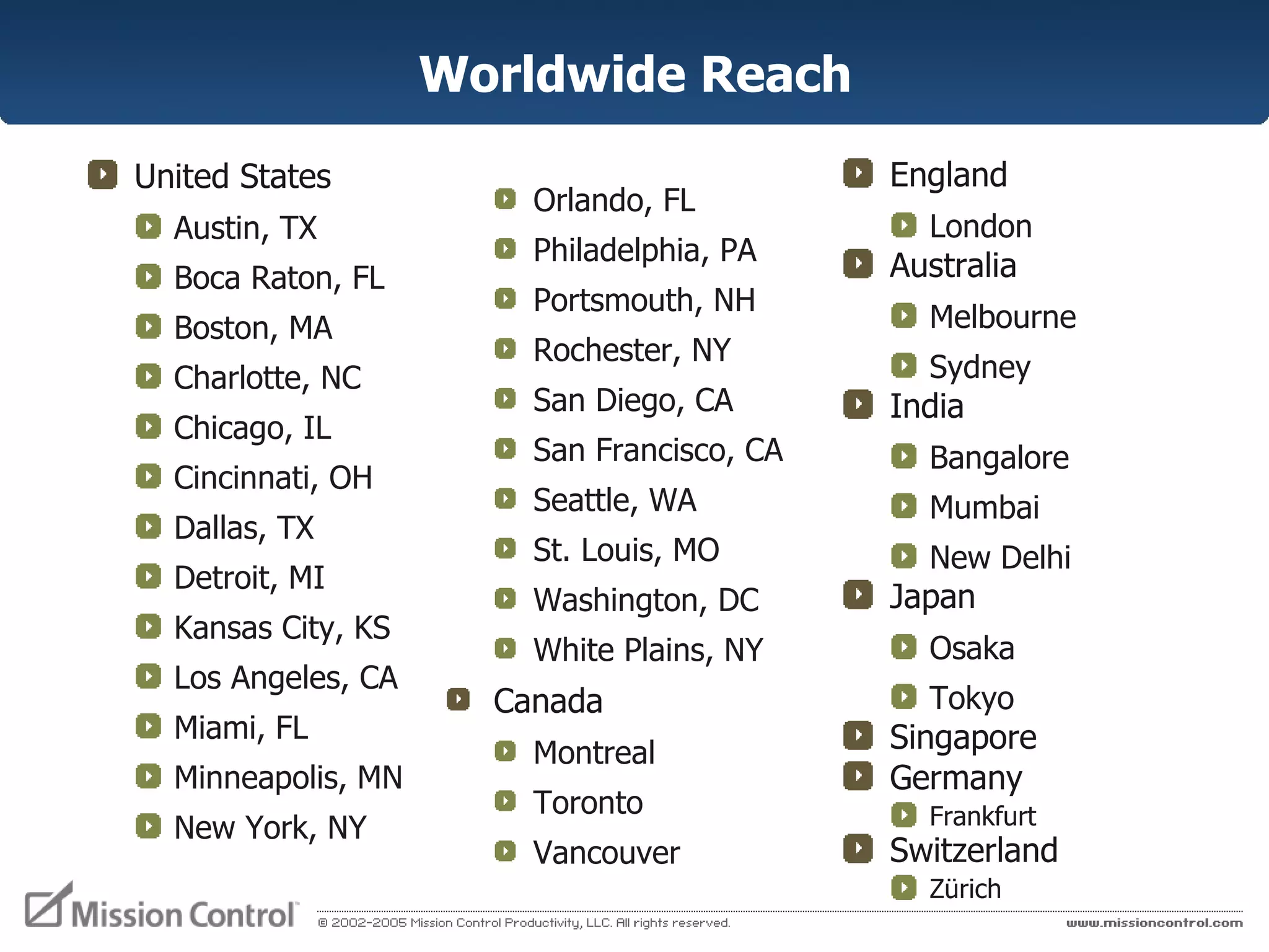 Worldwide Reach United States Austin, TX Boca Raton, FL Boston, MA  Charlotte, NC Chicago, IL Cincinnati, OH Dallas, TX Detroit, MI Kansas City, KS Los Angeles, CA Miami, FL Minneapolis, MN New York, NY England London Australia Melbourne Sydney India  Bangalore Mumbai New Delhi Japan Osaka Tokyo Singapore Germany Frankfurt Switzerland Zürich Orlando, FL Philadelphia, PA Portsmouth, NH Rochester, NY San Diego, CA San Francisco, CA Seattle, WA St. Louis, MO Washington, DC White Plains, NY Canada  Montreal Toronto Vancouver 