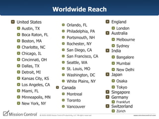 Worldwide Reach United States Austin, TX Boca Raton, FL Boston, MA  Charlotte, NC Chicago, IL Cincinnati, OH Dallas, TX Detroit, MI Kansas City, KS Los Angeles, CA Miami, FL Minneapolis, MN New York, NY England London Australia Melbourne Sydney India  Bangalore Mumbai New Delhi Japan Osaka Tokyo Singapore Germany Frankfurt Switzerland Zürich Orlando, FL Philadelphia, PA Portsmouth, NH Rochester, NY San Diego, CA San Francisco, CA Seattle, WA St. Louis, MO Washington, DC White Plains, NY Canada  Montreal Toronto Vancouver 