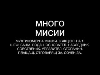 МНОГО
МИСИИ
МУЛТИИЗМЕРНА МИСИЯ. С АКЦЕНТ НА 1. 

ШЕФ. БАЩА. ВОДАЧ. ОСНОВАТЕЛ. НАСЛЕДНИК. 

СОБСТВЕНИК. УПРАВИТЕЛ. СТОПАНИН. 

ПЛАЩАЩ. ОТГОВАРЯЩ ЗА. СОЧЕН ЗА. 

 