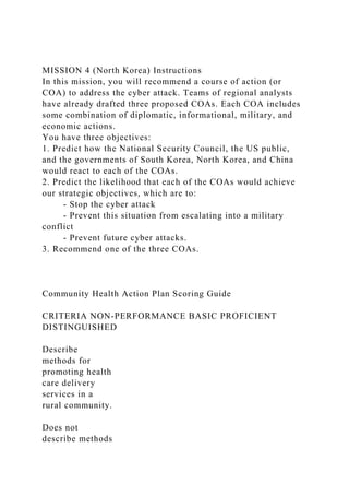 MISSION 4 (North Korea) Instructions
In this mission, you will recommend a course of action (or
COA) to address the cyber attack. Teams of regional analysts
have already drafted three proposed COAs. Each COA includes
some combination of diplomatic, informational, military, and
economic actions.
You have three objectives:
1. Predict how the National Security Council, the US public,
and the governments of South Korea, North Korea, and China
would react to each of the COAs.
2. Predict the likelihood that each of the COAs would achieve
our strategic objectives, which are to:
- Stop the cyber attack
- Prevent this situation from escalating into a military
conflict
- Prevent future cyber attacks.
3. Recommend one of the three COAs.
Community Health Action Plan Scoring Guide
CRITERIA NON-PERFORMANCE BASIC PROFICIENT
DISTINGUISHED
Describe
methods for
promoting health
care delivery
services in a
rural community.
Does not
describe methods
 