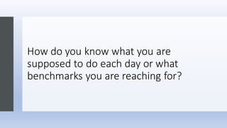How do you know what you are
supposed to do each day or what
benchmarks you are reaching for?
 