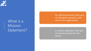 What is a
Mission
Statement?
An official document that sets
out the goals, purpose, and
work of an organization.
A written statement that sets
out personal goals for the
future.
 