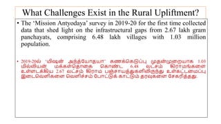 What Challenges Exist in the Rural Upliftment?
• The ‘Mission Antyodaya’ survey in 2019-20 for the first time collected
data that shed light on the infrastructural gaps from 2.67 lakh gram
panchayats, comprising 6.48 lakh villages with 1.03 million
population.
• 2019-20ல் ‘மிஷன
் அந்த்யயோதயோ’ கணக்சகடுப்பு முதன
் முமறயோக 1.03
மில்லியன
் மக்கை்சதோமக சகோண
் ட 6.48 லட்சம் கிரோமங்கமை
உை்ைடக்கிய 2.67 லட்சம் கிரோம பஞ்சோயத்துகைிலிருந்து உை்கட்டமமப்பு
இமடசவைிகமை சவைிச்சம் யபோட்டுக் கோட்டும் தரவுகமை யசகரித்தது.
 