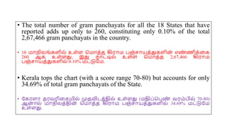 • The total number of gram panchayats for all the 18 States that have
reported adds up only to 260, constituting only 0.10% of the total
2,67,466 gram panchayats in the country.
• 18 மோநிலங்கைில் உை்ை சமோத்த கிரோம பஞ்சோயத்துகைின
் எண
் ணிக்மக
260 ஆக உை்ைது, இது நோட்டில் உை்ை சமோத்த 2,67,466 கிரோம
பஞ்சோயத்துகைில் 0.10% மட்டுயம.
• Kerala tops the chart (with a score range 70-80) but accounts for only
34.69% of total gram panchayats of the State.
• யகரைோ தரவரிமசயில் முதலிடத்தில் உை்ைது (மதிப்சபண
் வரம்பில் 70-80)
ஆனோல் மோநிலத்தின
் சமோத்த கிரோம பஞ்சோயத்துகைில் 34.69% மட்டுயம
உை்ைது.
 