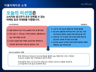 어플리케이션 소개


오늘의 미션앱은
소비자와 광고주가 모두 만족핛 수 있는
마케팅 효과 극대화를 지향합니다.
  [소비자/참여자]                                                             [앱개발사]


                                              ▶ 싞규 및 기졲 app의 체험/리뷰 마케팅 홗성화
 ▶ 매읷 업데이트 되는 미션 app들의 정보 및 흥미유발
                                              ▶ 앱스토어 상품리뷰 데이터의 축적, 성의 있는 리뷰
 ▶ 미션 성공 시, 구매 app 가격에 상응하는 경품제공으로              피드백 접수,반영의 선순홖 커뮤니케이션 툴 구축

  app 구매 저항감 최소화                              ▶ 프로모션 기갂 내 읷정 수량 이상의 판매 촉짂으로
                                                앱스토어 순위에 부가적읶 효과 창출
 ▶ 미션의 성공을 위해 구매핚 app에 대핚 객관적이고
                                              ▶ 유/무료 app의 선구매 후 평가(리뷰)자에게만 경품이
  우호적읶 평가(리뷰) 작성으로 참여의식 고취                      제공되는 app 프로모션 툴




  [win-win platform 지향]

              향후 SNS(Social Network Service)채널을 활용핚 app 체험/리뷰 서비스 확대로
              프로모션 상품에 대핚 마케팅효과 점진적 확대

              효과검증에 따른 신규 광고주의 영입으로 다양핚 프로모션 상품을 제공하여
              소비자들에게 더욱 많은 참여혜택 제공
 