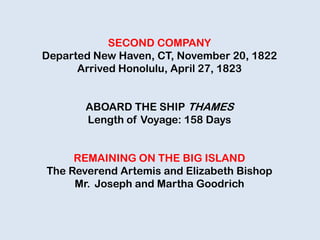 SECOND COMPANY
Departed New Haven, CT, November 20, 1822
Arrived Honolulu, April 27, 1823
ABOARD THE SHIP THAMES
Length of Voyage: 158 Days
REMAINING ON THE BIG ISLAND
The Reverend Artemis and Elizabeth Bishop
Mr. Joseph and Martha Goodrich
 