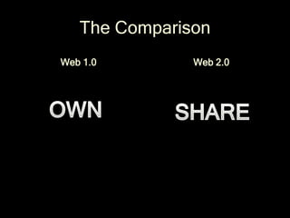 The Comparison
              Web 1.0                                          Web 2.0




http://www.merriam-webster.com/d...