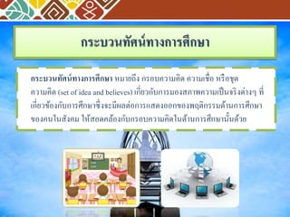 กระบวนทัศน์ทางการศึกษา 
กระบวนทัศน์ทางการศึกษา หมายถึง กรอบความคิด ความเชื่อ หรือชุด 
ความคิด (set of idea and believes) เกี่ยวกับการมองสภาพความเป็นจริงต่างๆ ที่ 
เกี่ยวข้องกับการศึกษาซึ่งจะมีผลต่อการแสดงออกของพฤติกรรมด้านการศึกษา 
ของคนในสังคม ให้สอดคล้องกับกรอบความคิดในด้านการศึกษานั้นด้วย 
 