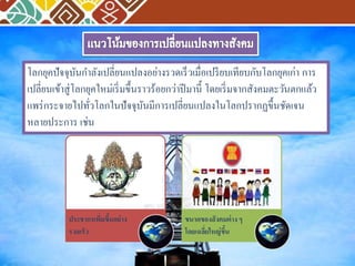 โลกยุคปัจจุบันกา ลังเปลี่ยนแปลงอย่างรวดเร็วเมื่อเปรียบเทียบกับโลกยุคเก่า การ 
เปลี่ยนเข้าสู่โลกยุคใหม่เริ่มขึ้นราวร้อยกว่าปีมานี้ โดยเริ่มจากสังคมตะวันตกแล้ว 
แพร่กระจายไปทั่วโลกในปัจจุบันมีการเปลี่ยนแปลงในโลกปรากฏขึ้นชัดเจน 
หลายประการ เช่น 
ประชากรเพิ่มขึ้นอย่าง 
รวดเร็ว 
ขนาดของสังคมต่าง ๆ 
โดยเฉลี่ยใหญ่ขึ้น 
 