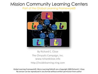 Mission Community Learning CentersPart of the Global Learning Framework© By Richard C. Close   The Chrysalis Campaign, Inc.www.richardclose.info http://insidelearning.ning.com Global Learning Framework©, Micro Learning Paths© are a Copyright 2009 Richard C. CloseNo version can be reproduced in any format without written permission from author  