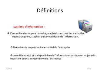 Définitions
11/34
système d’information :
 L’ensemble des moyens humains, matériels ainsi que des méthodes
visant à acquérir, stocker, traiter et diffuser de l’information.
la confidentialité et la disponibilité de l’information constitue un enjeu très
important pour la compétitivité de l’entreprise
22/10/15
SI représente un patrimoine essentiel de l’entreprise
 