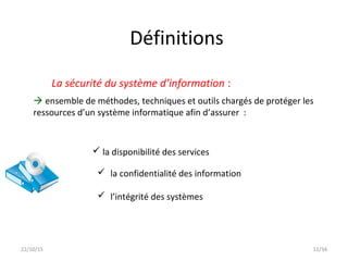 12/34
 ensemble de méthodes, techniques et outils chargés de protéger les
ressources d’un système informatique afin d’assurer :
La sécurité du système d’information :
 la disponibilité des services
 la confidentialité des information
 l’intégrité des systèmes
22/10/15
Définitions
 