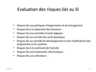 Evaluation des risques liés au SI
• Risques liés aux politiques d’organisation et de management
• Risques liés à la séparation des fonctions
• Risques liés aux contrôles d’accès logiques
• Risques liés au contrôle des accès physiques
• Risques liés au contrôle du développement et des modifications des
programmes et du système
• Risques liés à la continuité de l’activité
• Risques liés aux traitements informatiques
• Risques liés aux utilisateurs
22/10/15 19
 