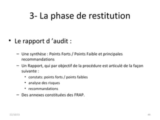 3- La phase de restitution
• Le rapport d ’audit :
– Une synthèse : Points Forts / Points Faible et principales
recommandations
– Un Rapport, qui par objectif de la procédure est articulé de la façon
suivante :
• constats: points forts / points faibles
• analyse des risques
• recommandations
– Des annexes constituées des FRAP.
22/10/15 44
 