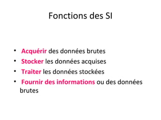 Fonctions des SI
• Acquérir des données brutes
• Stocker les données acquises
• Traiter les données stockées
• Fournir des informations ou des données
brutes
 