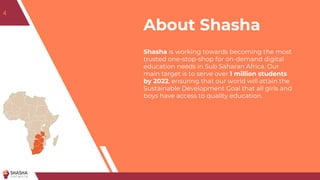 About Shasha
Shasha is working towards becoming the most
trusted one-stop-shop for on-demand digital
education needs in Sub Saharan Africa. Our
main target is to serve over 1 million students
by 2022, ensuring that our world will attain the
Sustainable Development Goal that all girls and
boys have access to quality education.
4