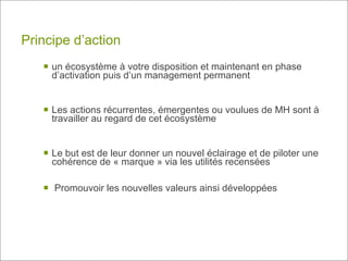 Principe d’action un écosystème à votre disposition et maintenant en phase d’activation puis d’un management permanent Les actions récurrentes, émergentes ou voulues de MH sont à travailler au regard de cet écosystème  Le but est de leur donner un nouvel éclairage et de piloter une cohérence de « marque » via les utilités recensées  Promouvoir les nouvelles valeurs ainsi développées 