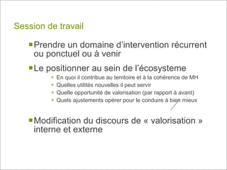 Session de travail Prendre un domaine d’intervention récurrent ou ponctuel ou à venir Le positionner au sein de l’écosysteme En quoi il contribue au territoire et à la cohérence de MH Quelles utilités nouvelles il peut servir Quelle opportunité de valorisation (par rapport à avant) Quels ajustements opérer pour le conduire à bien mieux Modification du discours de « valorisation » interne et externe 