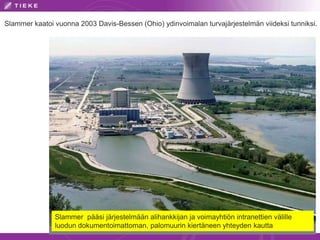 Slammer kaatoi vuonna 2003 Davis-Bessen (Ohio) ydinvoimalan turvajärjestelmän viideksi tunniksi.




               Slammer pääsi järjestelmään alihankkijan ja voimayhtiön intranettien välille
               luodun dokumentoimattoman, palomuurin kiertäneen yhteyden kautta
 