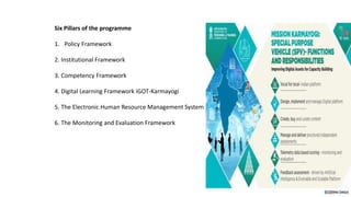 Six Pillars of the programme
1. Policy Framework
2. Institutional Framework
3. Competency Framework
4. Digital Learning Framework iGOT-Karmayogi
5. The Electronic Human Resource Management System
6. The Monitoring and Evaluation Framework
 