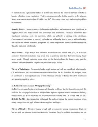 of customers and significantly reduce it as the same time as the financial services industry is
heavily reliant on brand reputation. Today, consumers are also highly sensitive to fee charges.
As we saw with the threat of the $5 debit card fee6, this change could have had damaging effects
on all brands.


Supplier Power: Human resources, information technology, and customers were considered as
supplier power and were divided into consumers and institutions. Financial institutions face
significant switching costs for suppliers, which are difficult to replace with substitutes.
Customers and institutions in turn rely on banks and will not be able to survive without banking
services in the current economic ecosystem. As some corporations establish banks themselves,
they also transform into threats.


Buyer Power: Buyer Power was estimated as moderate and scored 3.64 of 5. In a modern
economy, financial institutions play a key role in everyday activities therefore making buyer
power weak. Though switching costs might not be that significant for buyers, price paid for
financial services comprises a significant part of the buyer‟s costs.


Threat of Substitutes: Community banks, credit unions and cash are considered substitutes for
CB while brokers and customers themselves are substitutes for IB. Based on this analysis, threat
of substitutes is not significant due to the extensive network of banks that offer established
services at competitive prices.


II. B.2 Five Forces Analysis- Mortgage Banking 7 8
As BofA‟s mortgage business is the cause of financial problems for the firm at the time of this
analysis, the mortgage industry was analyzed as a separate segment in order to evaluate industry
attractiveness, as it will relate to our recommendations for the firm. It scored 3.88 out of 5
(Exhibit 3a, 3b). Key factors that influenced the analysis include the current mortgage crisis,
strong competition and high influence from suppliers and buyers.


Threat of Rivalry: Threat of rivalry is high with low diversity among competitors. High exit
barriers and low demand in current economic situations force incumbents to compete and cut


                                                                                            13
 