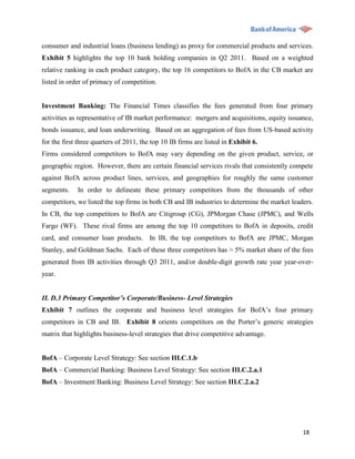 consumer and industrial loans (business lending) as proxy for commercial products and services.
Exhibit 5 highlights the top 10 bank holding companies in Q2 2011. Based on a weighted
relative ranking in each product category, the top 16 competitors to BofA in the CB market are
listed in order of primacy of competition.


Investment Banking: The Financial Times classifies the fees generated from four primary
activities as representative of IB market performance: mergers and acquisitions, equity issuance,
bonds issuance, and loan underwriting. Based on an aggregation of fees from US-based activity
for the first three quarters of 2011, the top 10 IB firms are listed in Exhibit 6.
Firms considered competitors to BofA may vary depending on the given product, service, or
geographic region. However, there are certain financial services rivals that consistently compete
against BofA across product lines, services, and geographies for roughly the same customer
segments.    In order to delineate these primary competitors from the thousands of other
competitors, we listed the top firms in both CB and IB industries to determine the market leaders.
In CB, the top competitors to BofA are Citigroup (CG), JPMorgan Chase (JPMC), and Wells
Fargo (WF). These rival firms are among the top 10 competitors to BofA in deposits, credit
card, and consumer loan products. In IB, the top competitors to BofA are JPMC, Morgan
Stanley, and Goldman Sachs. Each of these three competitors has > 5% market share of the fees
generated from IB activities through Q3 2011, and/or double-digit growth rate year year-over-
year.


II. D.3 Primary Competitor’s Corporate/Business- Level Strategies
Exhibit 7 outlines the corporate and business level strategies for BofA‟s four primary
competitors in CB and IB. Exhibit 8 orients competitors on the Porter‟s generic strategies
matrix that highlights business-level strategies that drive competitive advantage.


BofA – Corporate Level Strategy: See section III.C.1.b
BofA – Commercial Banking: Business Level Strategy: See section III.C.2.a.1
BofA – Investment Banking: Business Level Strategy: See section III.C.2.a.2




                                                                                              18
 