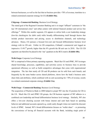 between businesses, as well as the fact that no business provides >70% of revenue, translates to a
related constrained corporate strategy for CG (Exhibit 10a).


Citigroup - Commercial Banking: Business Level Strategy
The stated goal of the Regional Consumer Banking unit is to target “affluent” customers in “the
top 150 international cities” and urban centers with tailored financial product and service line
offerings.23 Within this smaller segment, CG appears to utilize both a cost leadership strategy
(low-fee checking/no fee debit card) while broadly differentiating itself through factors that
include product innovation and pricing, access to distribution channels, and technology
advances. Hence, CG pursues a focused low-cost and focused differentiation business level
strategy with its CB unit. Unlike its CB competitors, Citibank‟s commercial unit logged an
impressive 13.4%24 growth, higher than the 8% growth the IB unit saw in 2010. The CG CB
segments can therefore be placed in the „star‟ quadrant on the BCG matrix (Exhibit 10b).


Wells Fargo: Corporate Level Strategy
WF is comprised of three primary operating segments. Much like CG and JPMC, WF leverages
shared knowledge, processes, capabilities, and activities across its business lines to provide
operational efficiency as well as build competitive advantages that come with organizational
integration. The fact that nearly all CB and IB products can be sold from each branch, and
frequently by the same banker across shared platforms, shows how the bank‟s business units
share links and attributes, which combined with no unit accounting for >70% of revenue, results
in a related constrained corporate strategy (Exhibit 11a).


Wells Fargo – Commercial Banking: Business Level Strategy
The acquisition of Wachovia Bank in 2008 helped to propel WF into the #2 position for CB in
the US. Much like CG and JPMC CB groups, the CB business segment of WF adheres to a
combined cost leadership and broad differentiation business level strategy. Similarly, WF also
offers a low-cost checking account with bonus interest and cash back based on spending
behavior and additional accounts opened (e.g. credit card), though it does not match the discount
levels of JPMC. Instead, WF‟s broad differentiation focuses on “wallet share” – or promoting
the convenience of having all financial accounts with the Bank, including single point of


                                                                                              20
 