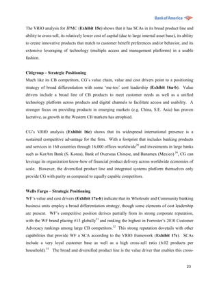 The VRIO analysis for JPMC (Exhibit 15c) shows that it has SCAs in its broad product line and
ability to cross-sell, its relatively lower cost of capital (due to large internal asset base), its ability
to create innovative products that match to customer benefit preferences and/or behavior, and its
extensive leveraging of technology (multiple access and management platforms) in a usable
fashion.


Citigroup – Strategic Positioning
Much like its CB competitors, CG‟s value chain, value and cost drivers point to a positioning
strategy of broad differentiation with some „me-too‟ cost leadership (Exhibit 16a-b). Value
drivers include a broad line of CB products to meet customer needs as well as a unified
technology platform across products and digital channels to facilitate access and usability. A
stronger focus on providing products in emerging markets (e.g. China, S.E. Asia) has proven
lucrative, as growth in the Western CB markets has atrophied.


CG‟s VRIO analysis (Exhibit 16c) shows that its widespread international presence is a
sustained competitive advantage for the firm. With a footprint that includes banking products
and services in 160 countries through 16,000 offices worldwide29 and investments in large banks
such as KorAm Bank (S. Korea), Bank of Overseas Chinese, and Banamex (Mexico) 30, CG can
leverage its organization know-how of financial product delivery across worldwide economies of
scale. However, the diversified product line and integrated systems platform themselves only
provide CG with parity as compared to equally capable competitors.


Wells Fargo – Strategic Positioning
WF‟s value and cost drivers (Exhibit 17a-b) indicate that its Wholesale and Community banking
business units employ a broad differentiation strategy, though some elements of cost leadership
are present. WF‟s competitive position derives partially from its strong corporate reputation,
with the WF brand placing #13 globally31 and ranking the highest in Forrester‟s 2010 Customer
Advocacy rankings among large CB competitors.32 This strong reputation dovetails with other
capabilities that provide WF a SCA according to the VRIO framework (Exhibit 17c). SCAs
include a very loyal customer base as well as a high cross-sell ratio (6.02 products per
household).33 The broad and diversified product line is the value driver that enables this cross-


                                                                                                      23
 