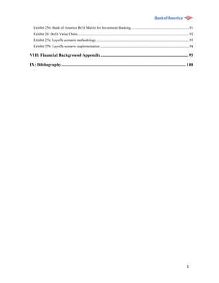 Exhibit 25b: Bank of America BCG Matrix for Investment Banking ................................................................. 91
   Exhibit 26: BofA Value Chain ............................................................................................................................ 92
   Exhibit 27a: Layoffs scenario methodology ....................................................................................................... 93
   Exhibit 27b: Layoffs scenario implementation ................................................................................................... 94

VIII: Financial Background Appendix ................................................................................. 95

IX: Bibliography.................................................................................................................... 108




                                                                                                                                                        5
 