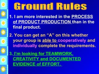 1. I am more interested in the PROCESS
  of PRODUCT PRODUCTION than in the
  final product.
2. You can get an “A” on this whether
  your group is able to cooperatively and
  individually complete the requirements.
3. I’m looking for TEAMWORK,
  CREATIVITY and DOCUMENTED
  EVIDENCE of EFFORT.
 
