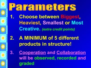 1. Choose between Biggest,
   Heaviest, Smallest or Most
   Creative. (extra credit points)
2. A MINIMUM of 5 different
   products in structure!
3.   Cooperation and Collaboration
     will be observed, recorded and
     graded
 