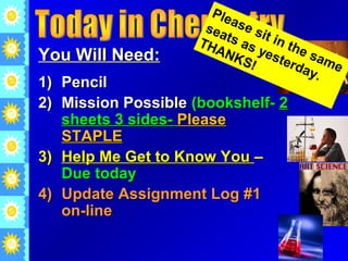 Ple
                           a se
                      sea
                     TH   ts a sit in
                       AN s yes the s
You Will Need:             KS
                               !    t er    am
                                         day e
                                            .
1) Pencil
2) Mission Possible (bookshelf- 2
   sheets 3 sides- Please
   STAPLE
3) Help Me Get to Know You –
   Due today
4) Update Assignment Log #1
   on-line
 