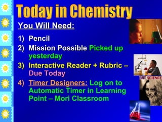 You Will Need:
1) Pencil
2) Mission Possible Picked up
yesterday
3) Interactive Reader + Rubric –
Due Today
4) Timer Designers: Log on to
Automatic Timer in Learning
Point – Mori Classroom

 