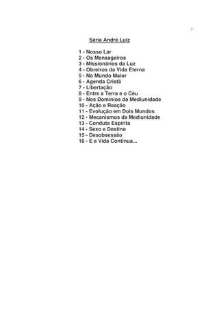 2


   Série André Luiz

1 - Nosso Lar
2 - Os Mensageiros
3 - Missionários da Luz
4 - Obreiros da Vida Eterna
5 - No Mundo Maior
6 - Agenda Cristã
7 - Libertação
8 - Entre a Terra e o Céu
9 - Nos Domínios da Mediunidade
10 - Ação e Reação
11 - Evolução em Dois Mundos
12 - Mecanismos da Mediunidade
13 - Conduta Espírita
14 - Sexo e Destino
15 - Desobsessão
16 - E a Vida Continua...
 