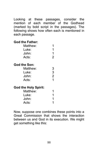 Looking at these passages, consider the
mention of each member of the Godhead
(marked by bold script in the passages). The
following shows how often each is mentioned in
each passage.
God the Father:
Matthew: 1
Luke: 1
John: 1
Acts: 2
God the Son:
Matthew: 3
Luke: 3
John: 2
Acts: 1
God the Holy Spirit:
Matthew: 1
Luke: 1
John: 1
Acts: 1
Now, suppose one combines these points into a
Great Commission that shows the interaction
between us and God in its execution. We might
get something like this:
88
 