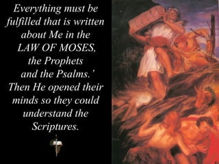 Everything must be
fulfilled that is written
about Me in the
LAW OF MOSES,
the Prophets
and the Psalms.’
Then He opened their
minds so they could
understand the
Scriptures.
 