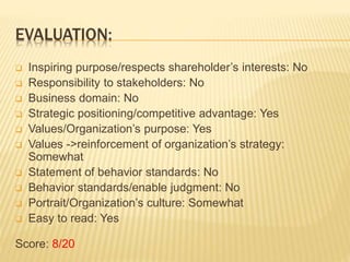 EVALUATION:
 Inspiring purpose/respects shareholder’s interests: No
 Responsibility to stakeholders: No
 Business domai...