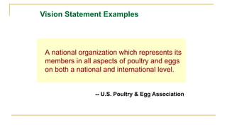 A national organization which represents its
members in all aspects of poultry and eggs
on both a national and international level.
Vision Statement Examples
-- U.S. Poultry & Egg Association
 