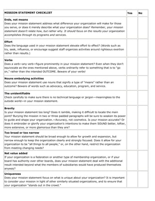 MISSION STATEMENT CHECKLIST                                                                       Yes   No

Ends, not means
Does your mission statement address what difference your organization will make for those
you serve, or does it merely describe what your organization does? Remember, your mission
statement doesn’t relate how, but rather why. It should focus on the results your organization
accomplishes through its programs and services.

Effort
Does the language used in your mission statement elevate effort to effect? (Words such as
try, seek, influence, or encourage suggest staff organizes activities around righteous exertion
rather than results.)

Verbs
Does a verb—any verb—figure prominently in your mission statement? Even when they don’t
equivocate as the ones mentioned above, verbs ordinarily refer to something that is to “go
on,” rather than the intended OUTCOME. Beware of your verbs!

Nouns embodying activities
Does your mission statement use nouns that signify a type of “means” rather than an
outcome? Beware of words such as advocacy, education, program, and service.

The unidentifiable
Check carefully to make sure there is no technical language or jargon—meaningless to the
outside world—in your mission statement.

Brevity
Is your mission statement too long? Does it ramble, making it difficult to locate the main
point? Burying the mission in two or three padded paragraphs will be sure to weaken its power
to guide and shape your organization.—Accuracy, not cosmetics. Is your mission accurate? Or
does it embroider or glorify your organization’s intentions to make them SOUND better, loftier,
more extensive, or more glamorous than they are?

Too broad or too narrow
Your mission statement should be broad enough to allow for growth and expansion, but
narrow enough to keep the organization clearly and strongly focused. Does it allow for your
organization to be “all things to all people,” or, on the other hand, restrict the organization
from meeting changing needs?

Net value added
If your organization is a federation or another type of membership organization, or if your
board has authority over other boards, does your mission statement deal with the additional
result intended beyond what the members of subsidiaries would have produced themselves
anyway?

Uniqueness
Does your mission statement focus on what is unique about your organization? It is important
to consider your mission in light of other similarly situated organizations, and to ensure that
your organization “stands out in the crowd.”
 