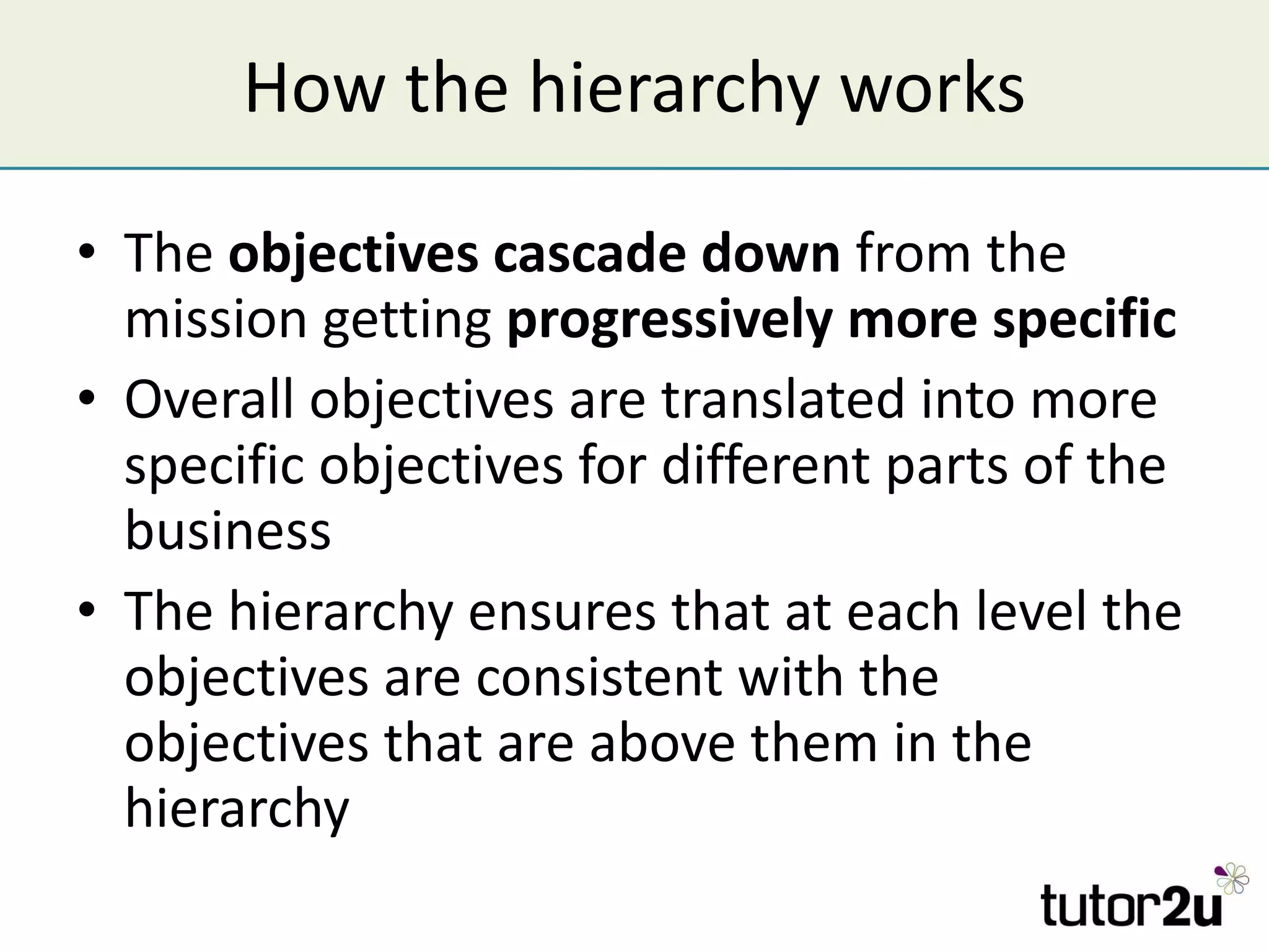 How the hierarchy works The  objectives cascade down  from the mission getting  progressively more specific Overall objectives are translated into more specific objectives for different parts of the business The hierarchy ensures that at each level the objectives are consistent with the objectives that are above them in the hierarchy 