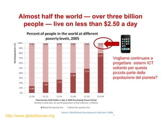 Almost half the world — over three billion people — live on less than $2.50 a day http://www.globalissues.org   Vogliamo continuare a progettare  sistemi ICT  soltanto per questa  piccola parte della popolazione del pianeta? 